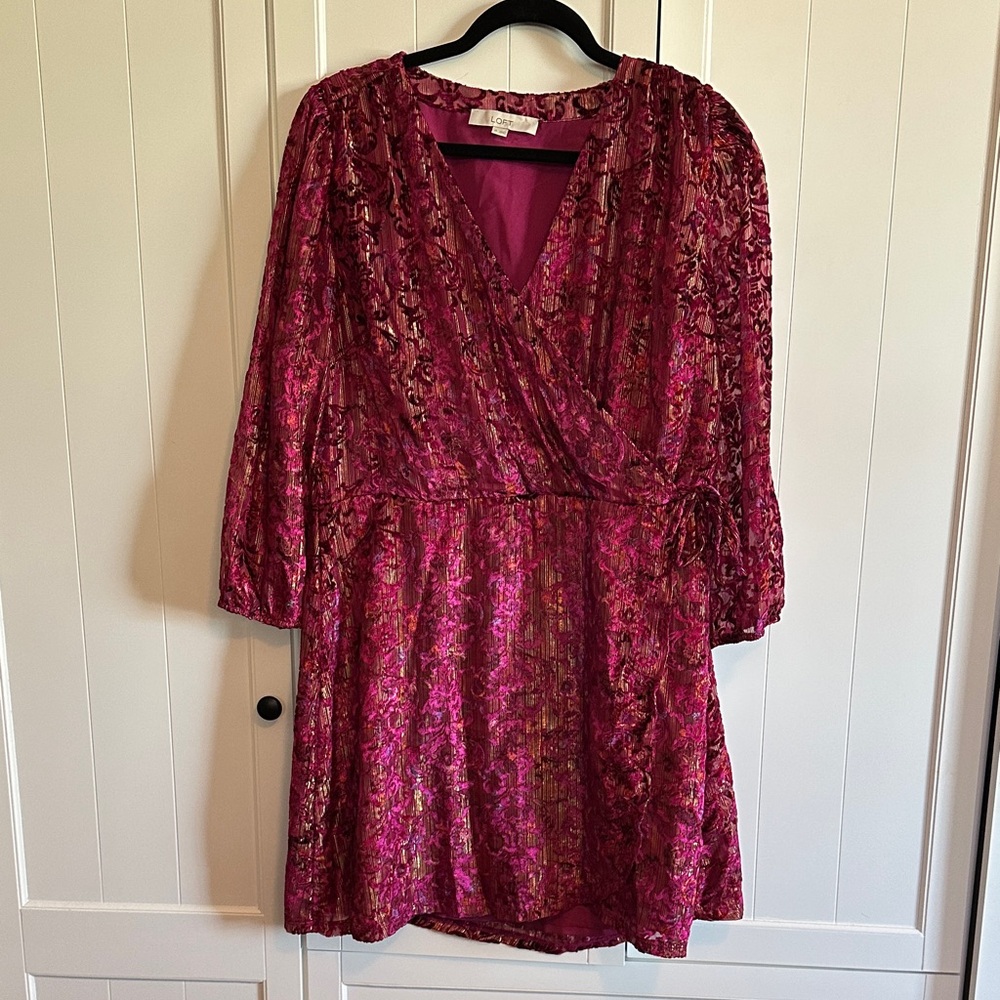 Elegant Fuchsia Floral Faux Wrap Dress with Gold